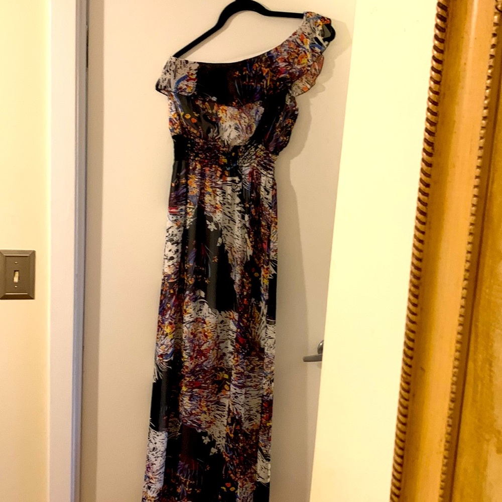 Navy Blue Floral Maxi Dress One shoulder. Size medium.